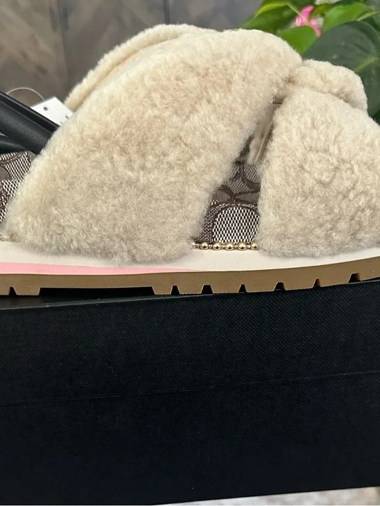 Coach Cream Shearling Cross-Strap Sandals with Brown Logo Footbed - Picture 2 of 6